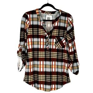 Nadine West Brown White Orange Black Plaid 3/4 Sleeve Henley Top Size Medium